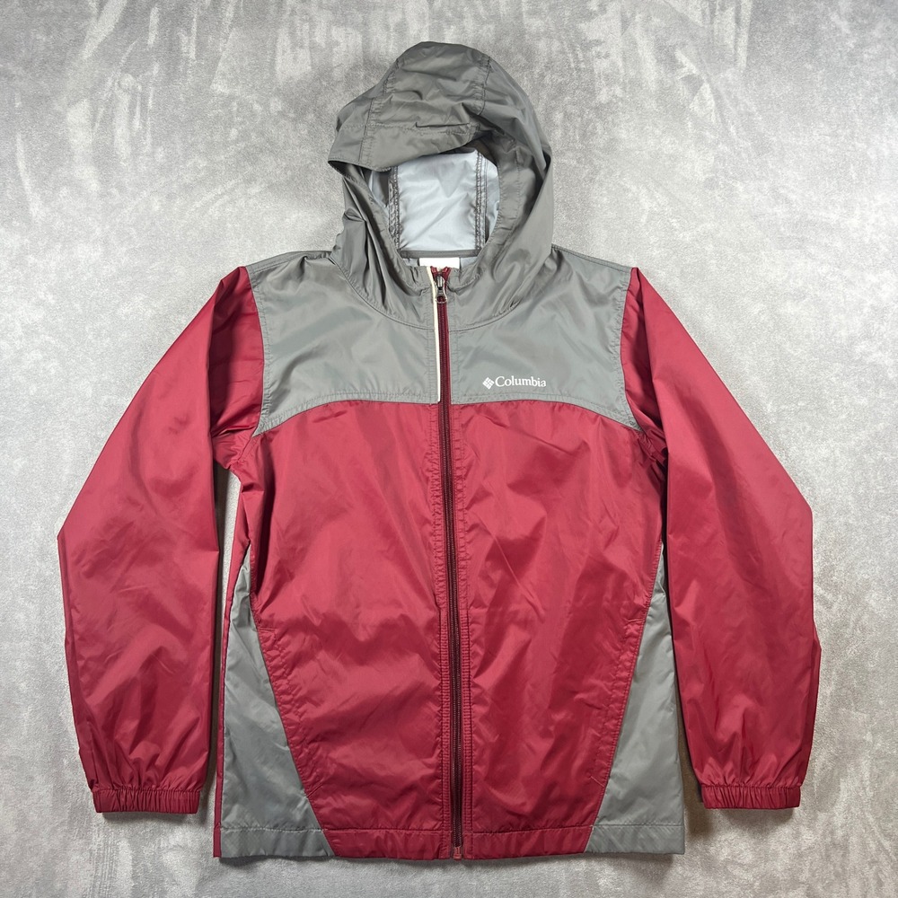 Columbia Kids Glennaker Rain Jacket Red Gray Hooded Windbreaker Medium 10/12